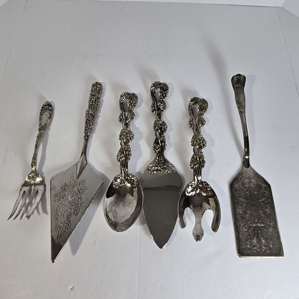 Oxford & Godinger Silverplate Serving Utensils Lot 6 Pc Grape Vine Pie Server